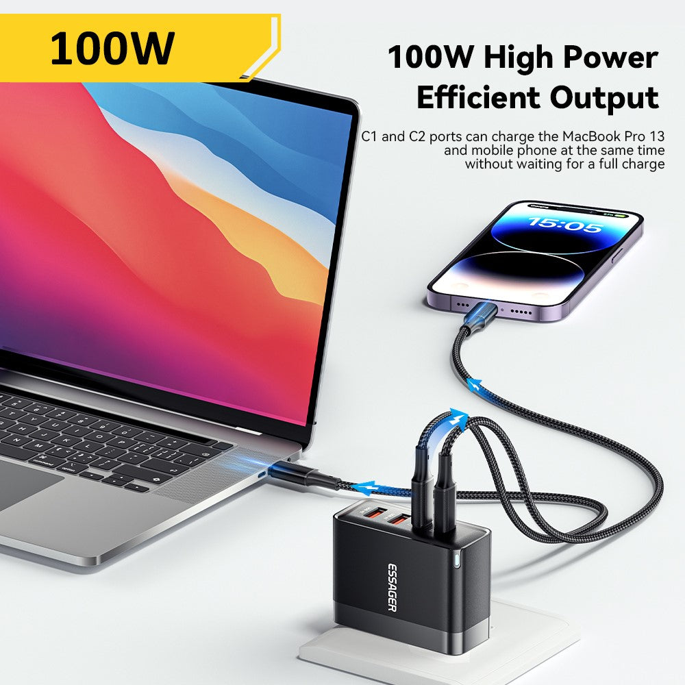 ESSAGER ES-CD37 100W Hurtigopladningsblok 4-ports vægoplader med 2 USB-C + 2 USB-A til bærbar computer, telefon, tablet