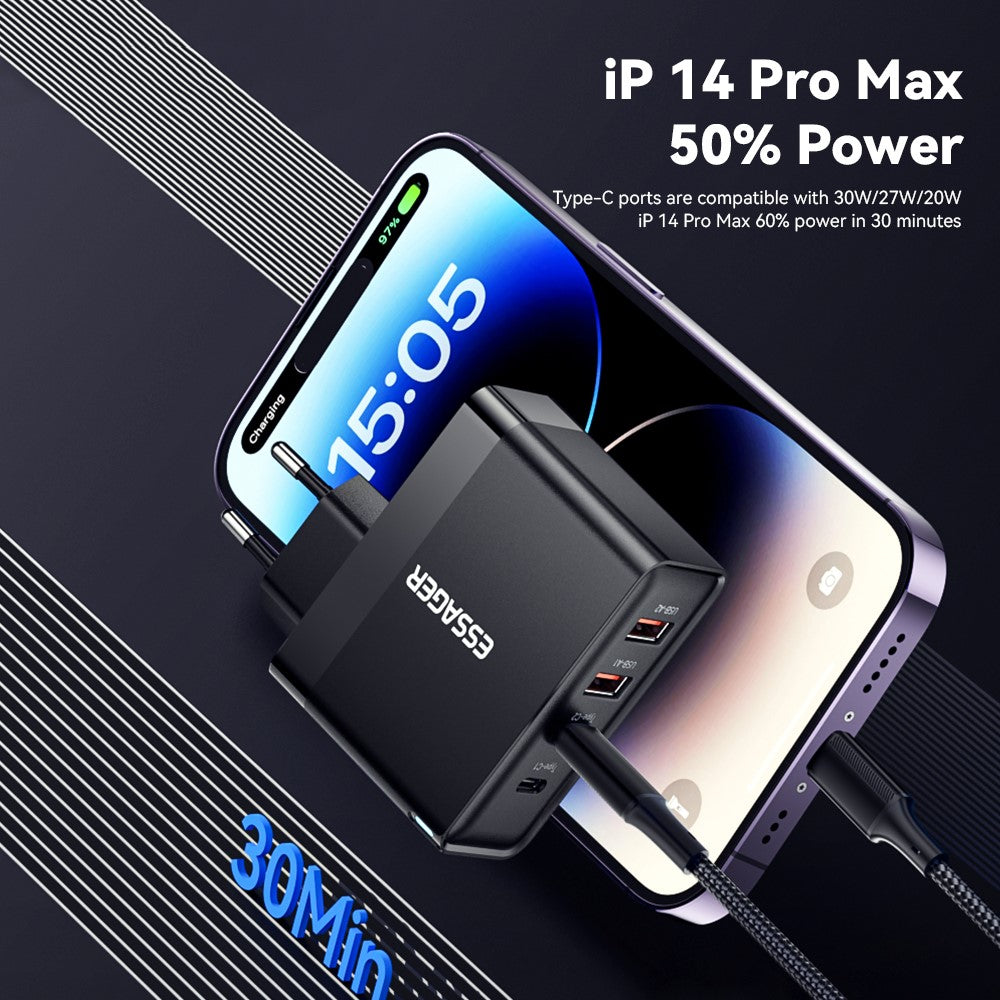 ESSAGER ES-CD37 100W Hurtigopladningsblok 4-ports vægoplader med 2 USB-C + 2 USB-A til bærbar computer, telefon, tablet