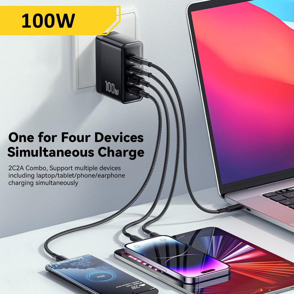 ESSAGER ES-CD37 100W Hurtigopladningsblok 4-ports vægoplader med 2 USB-C + 2 USB-A til bærbar computer, telefon, tablet