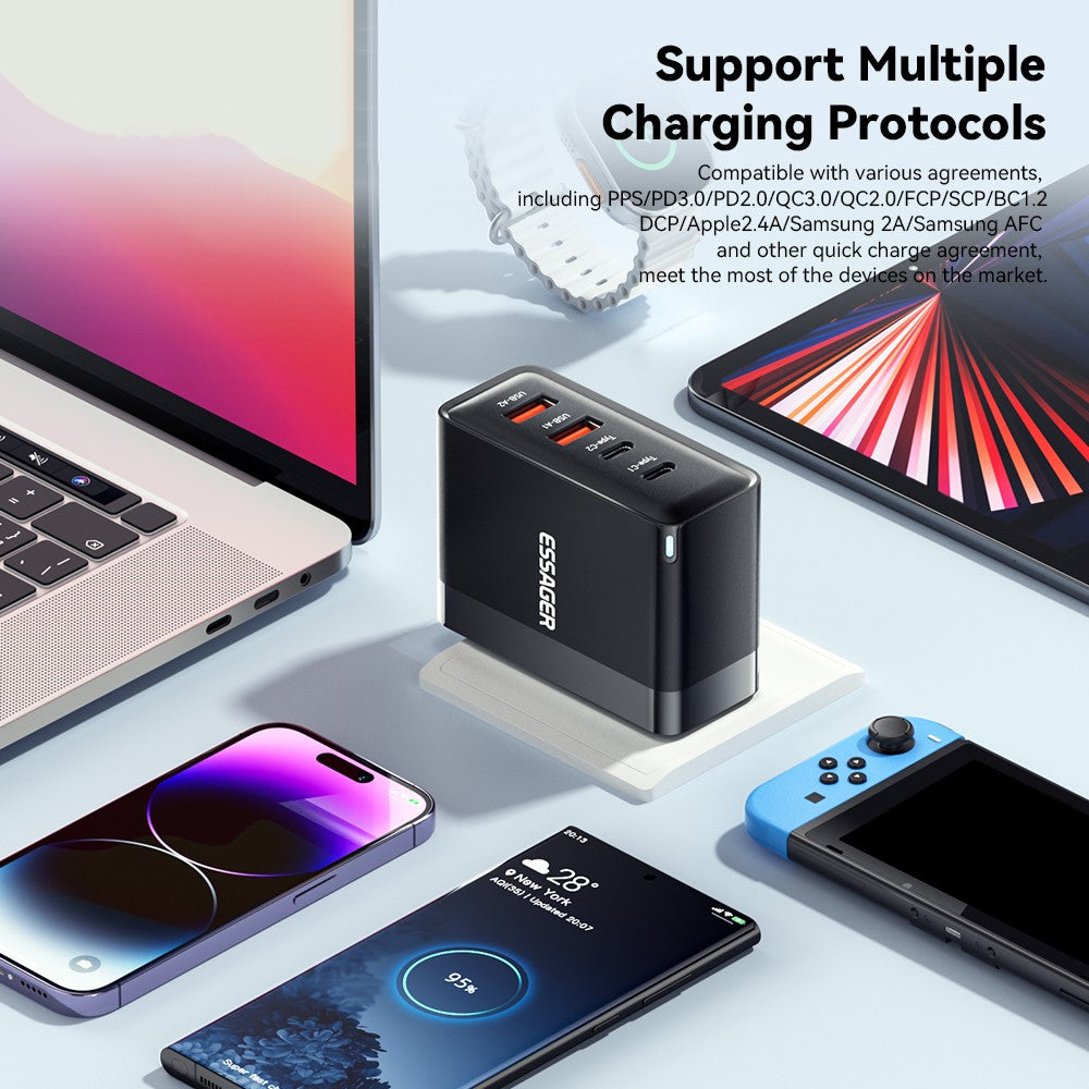 ESSAGER ES-CD37 100W Hurtigopladningsblok 4-ports vægoplader med 2 USB-C + 2 USB-A til bærbar computer, telefon, tablet
