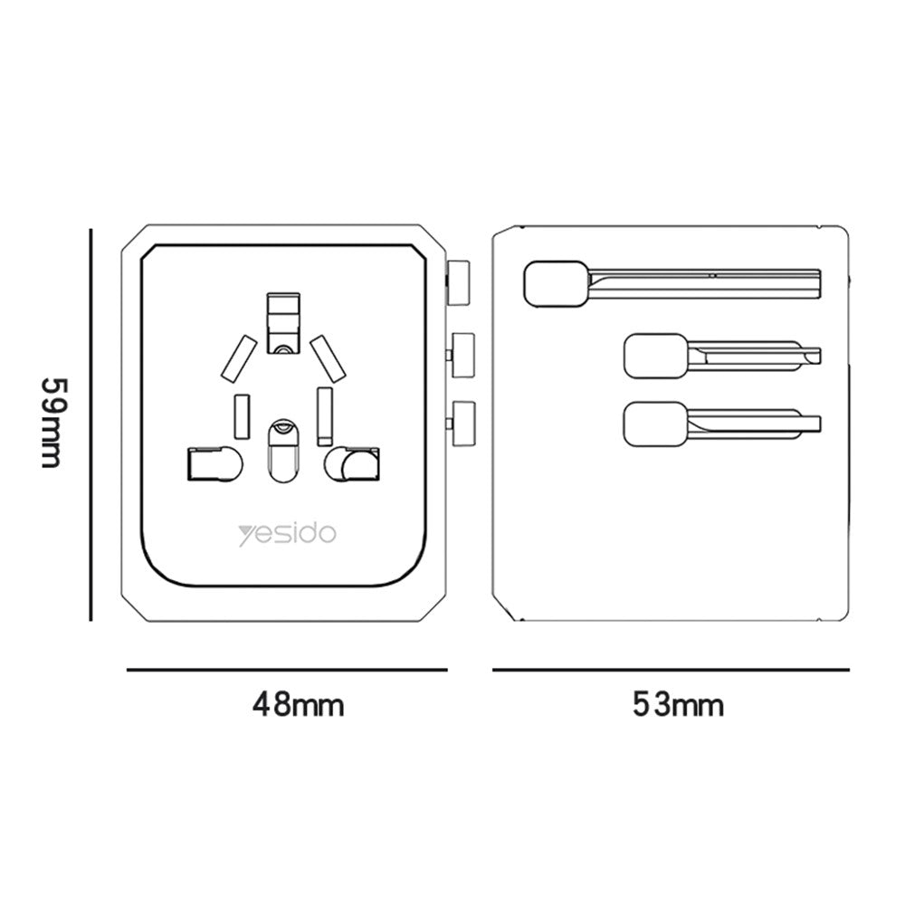 YESIDO MC24 20W Universal Adapterstik Rejsevægoplader Multifunktion Type-C+3USB-A Strømopladerkonverter