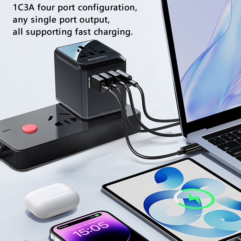 YESIDO MC24 20W Universal Adapterstik Rejsevægoplader Multifunktion Type-C+3USB-A Strømopladerkonverter
