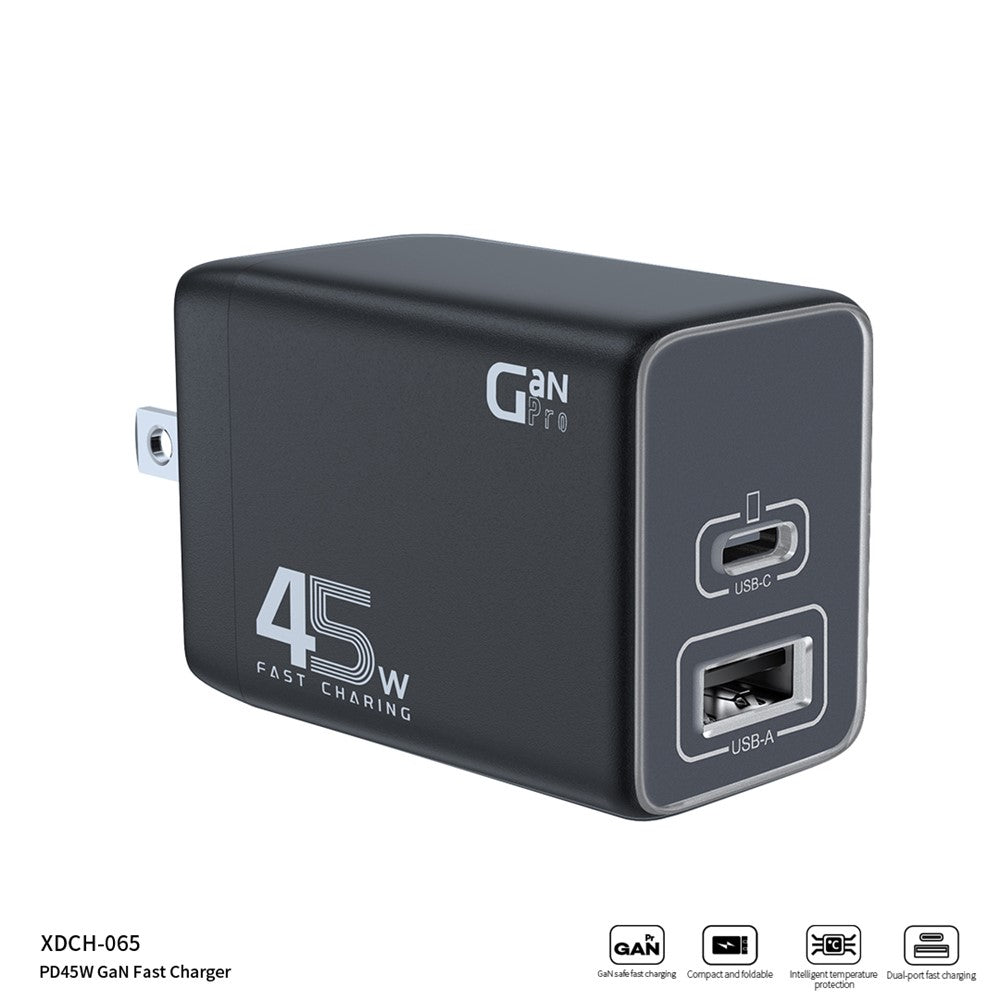 XUNDD XDCH-065 GaN Power Adapter Type-C+USB-A Dual Port 45W Fast Charging Block