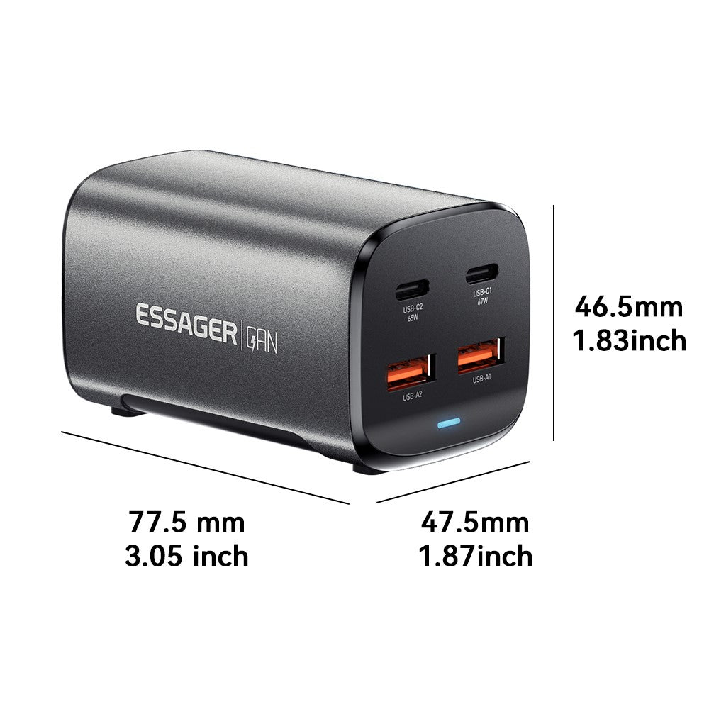 ESSAGER 67W GaN strømadapter 2 USB + 2 Type-C Bærbar Skrivebordsoplader