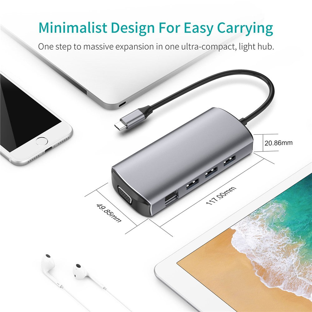 1928 11-i-1 Dockingstation Type-C til USB-C + USB2.0 + 3xUSB3.0 + SD/TF-kortlæser + 3.5mm + 4K HD + VGA + RJ45 USB Hub Adapter