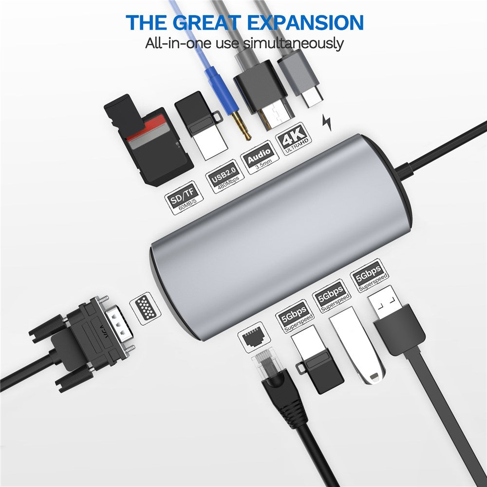 1928 11-i-1 Dockingstation Type-C til USB-C + USB2.0 + 3xUSB3.0 + SD/TF-kortlæser + 3.5mm + 4K HD + VGA + RJ45 USB Hub Adapter