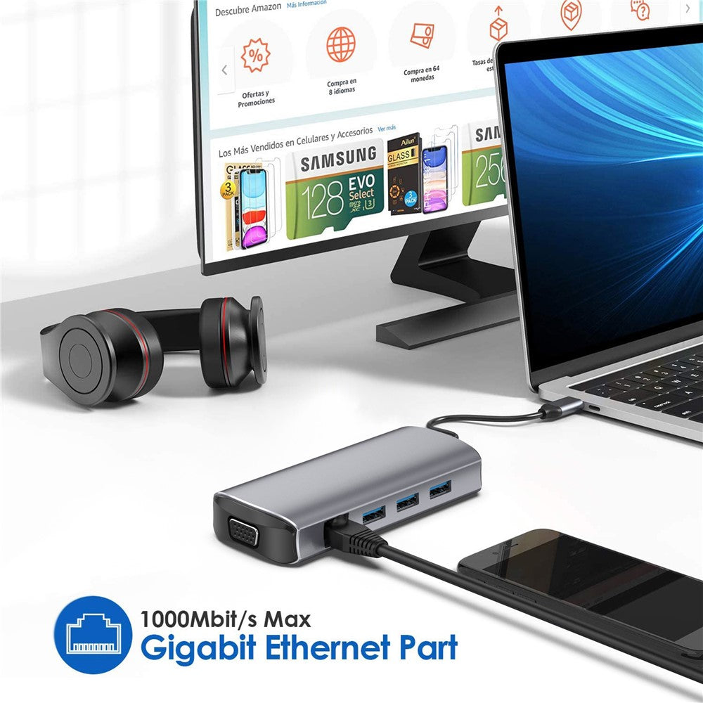 1928 11-i-1 Dockingstation Type-C til USB-C + USB2.0 + 3xUSB3.0 + SD/TF-kortlæser + 3.5mm + 4K HD + VGA + RJ45 USB Hub Adapter