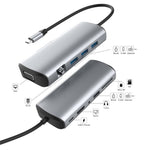 1928 11-i-1 Dockingstation Type-C til USB-C + USB2.0 + 3xUSB3.0 + SD/TF-kortlæser + 3.5mm + 4K HD + VGA + RJ45 USB Hub Adapter
