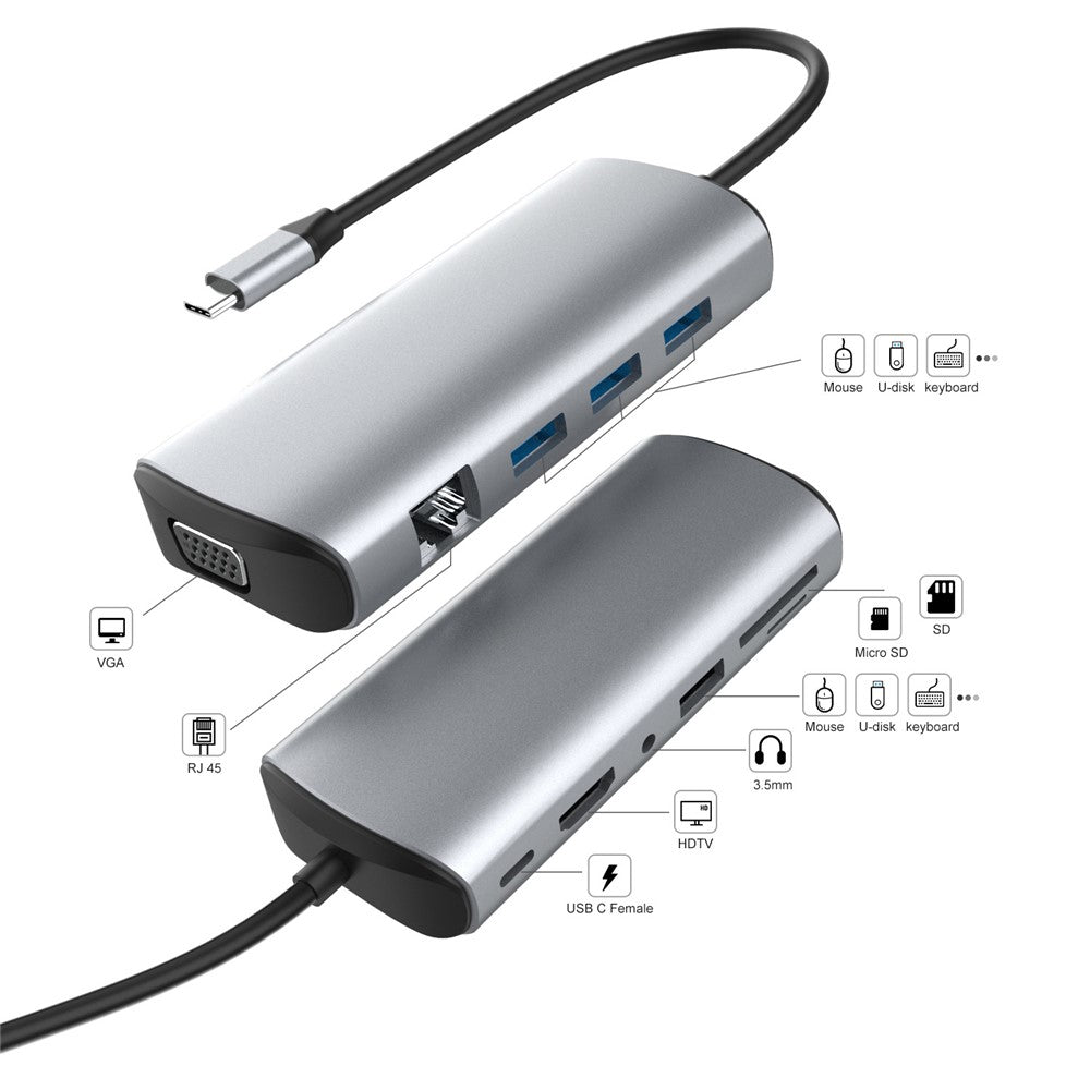 1928 11-i-1 Dockingstation Type-C til USB-C + USB2.0 + 3xUSB3.0 + SD/TF-kortlæser + 3.5mm + 4K HD + VGA + RJ45 USB Hub Adapter