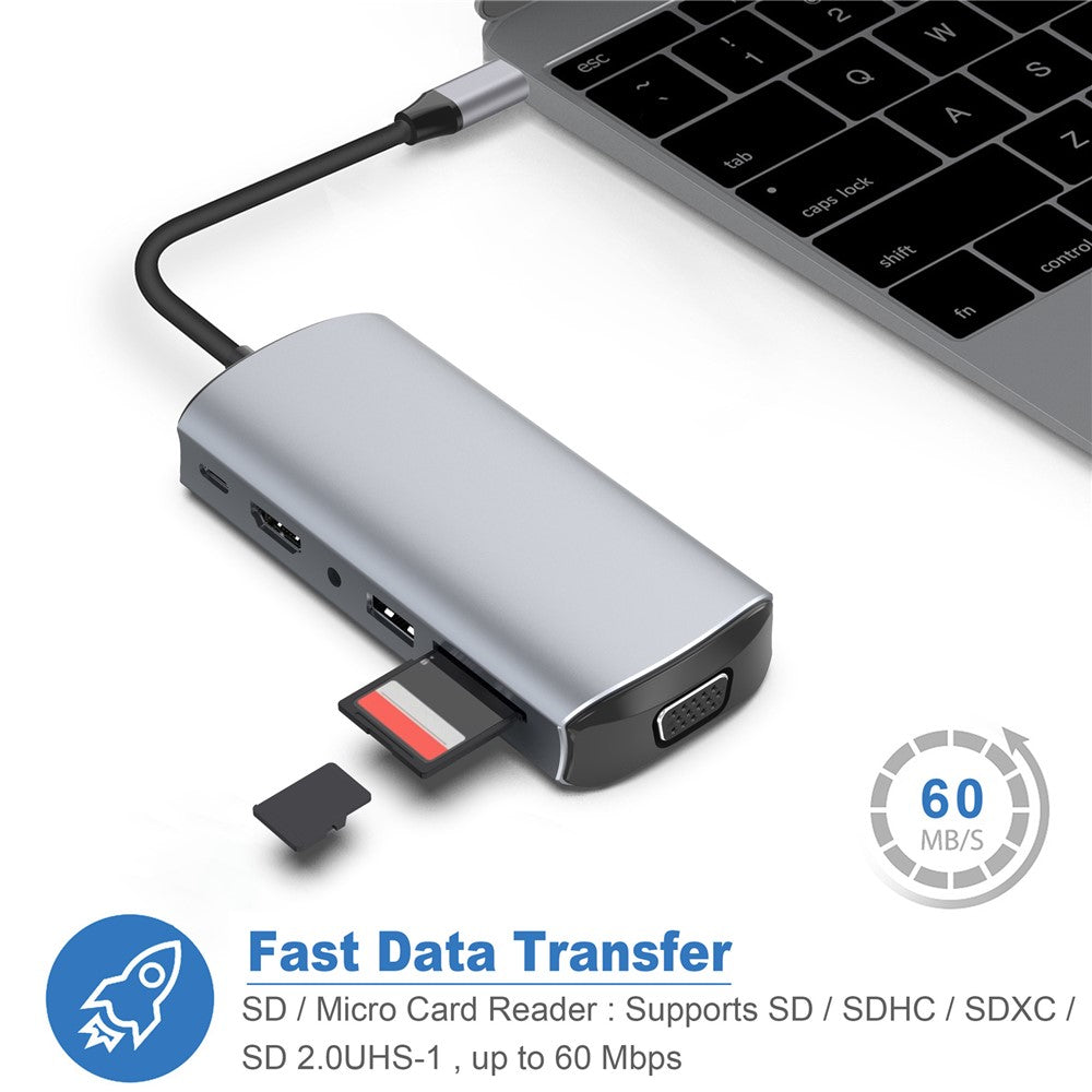 1928 11-i-1 Dockingstation Type-C til USB-C + USB2.0 + 3xUSB3.0 + SD/TF-kortlæser + 3.5mm + 4K HD + VGA + RJ45 USB Hub Adapter