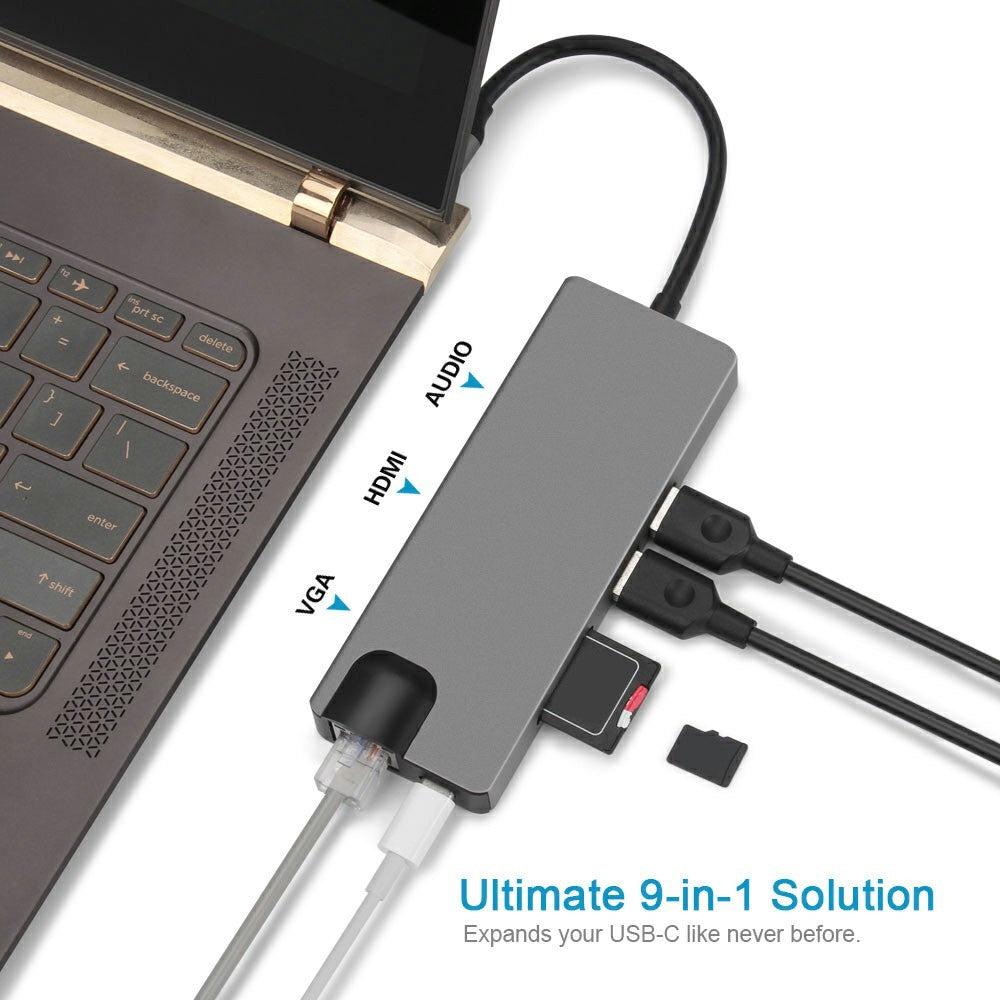 FX-1818 9-in-1 USB Hub Docking Station Type-C to USB-C + 2xUSB3.0 + SD / TF Slot + 3.5mm + HD + VGA + RJ45 Gigabit Adapter