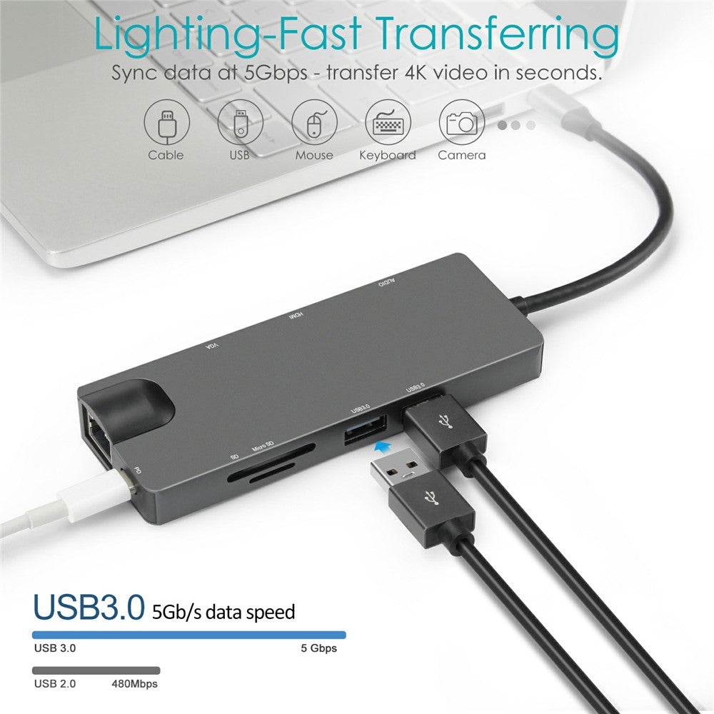 FX-1818 9-in-1 USB Hub Docking Station Type-C to USB-C + 2xUSB3.0 + SD / TF Slot + 3.5mm + HD + VGA + RJ45 Gigabit Adapter