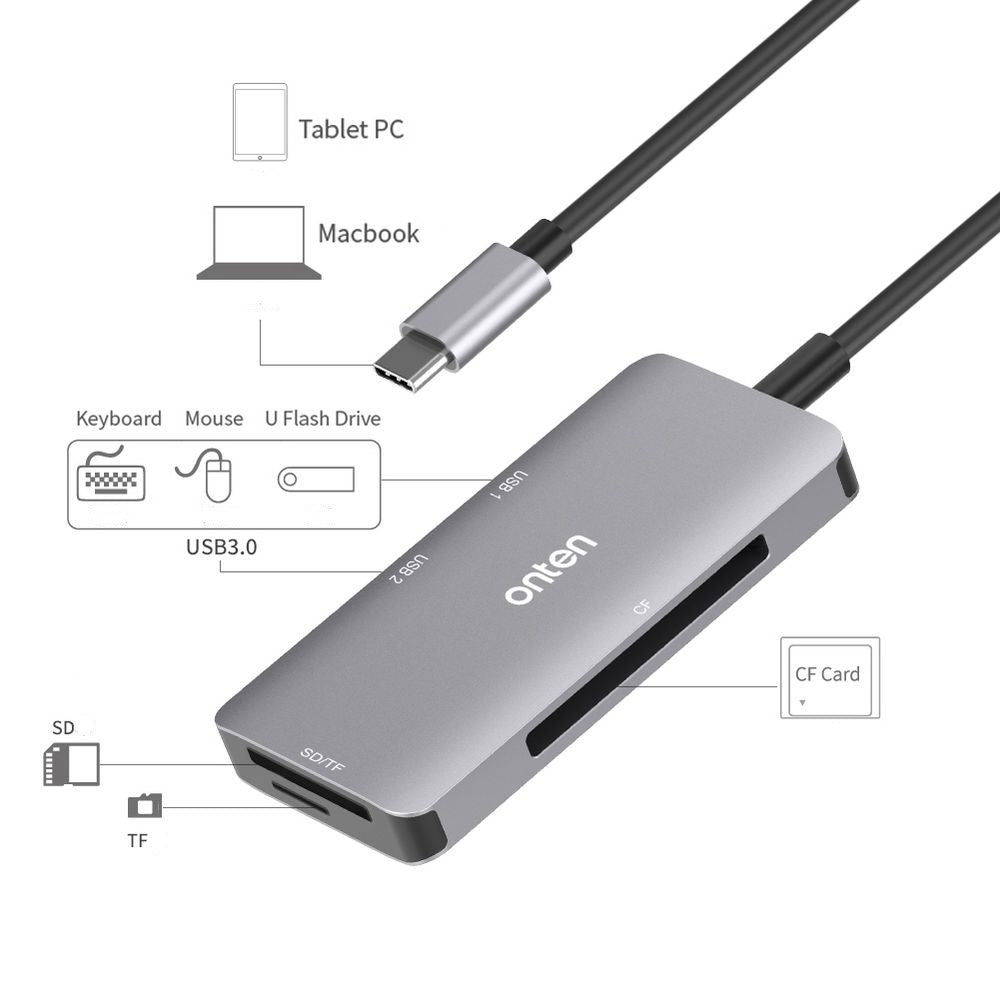 ONTEN OTN-91182 Type-C to 2 x USB3.0 + SD / TF 3.0 + CF 3.0 Multifunctional Camera Card Reader USB3.0 Hub