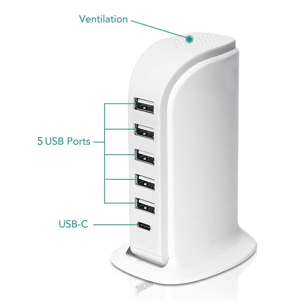 828 40W Multiportoplader Type-C + 5 USB-A Desktop Telefon Lynopladningsstation