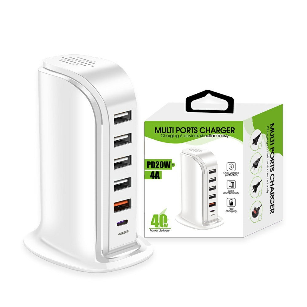 828 40W Multiportoplader Type-C + 5 USB-A Desktop Telefon Lynopladningsstation