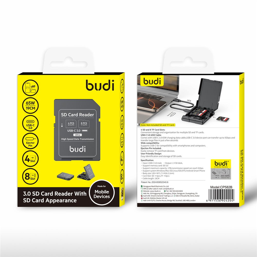BUDI CP582B Multifunctional SD / TF Card Reader with 4 SD Slots and 8 TF Slots 5Gbps High Speed Memory Card Reader