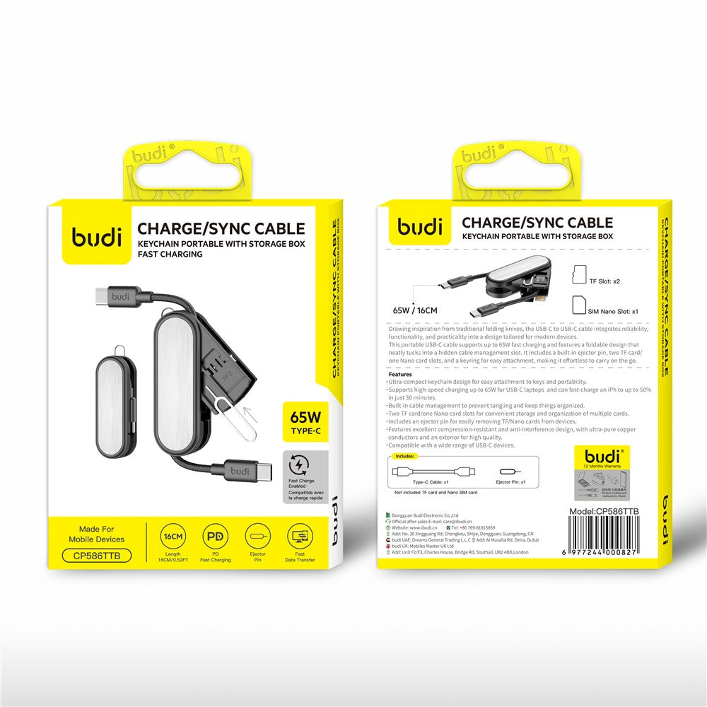 BUDI CP586TTB Multi-Function USB-C to USB-C Data Cable Kit, Portable Travel Charging Cable Set with SIM / TF Card Slots, Tool Eject Pin