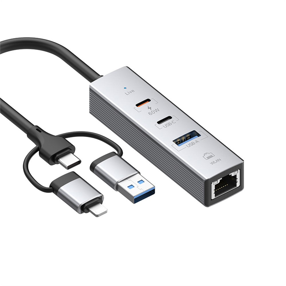 PD 60W 4 in 1 Hub Adapter iP / USB / Type-C Converter with Gigabit Ethernet / Digital Audio / Data Transfer for Laptops / PCs / Tablets / Phones