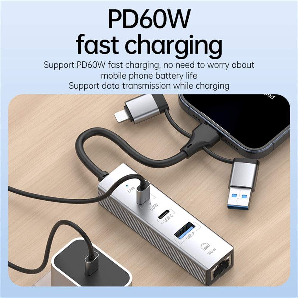PD 60W 4 in 1 Hub Adapter iP / USB / Type-C Converter with Gigabit Ethernet / Digital Audio / Data Transfer for Laptops / PCs / Tablets / Phones
