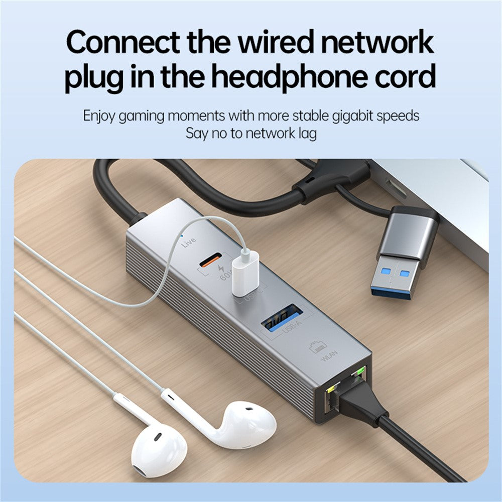 PD 60W 4 in 1 Hub Adapter iP / USB / Type-C Converter with Gigabit Ethernet / Digital Audio / Data Transfer for Laptops / PCs / Tablets / Phones