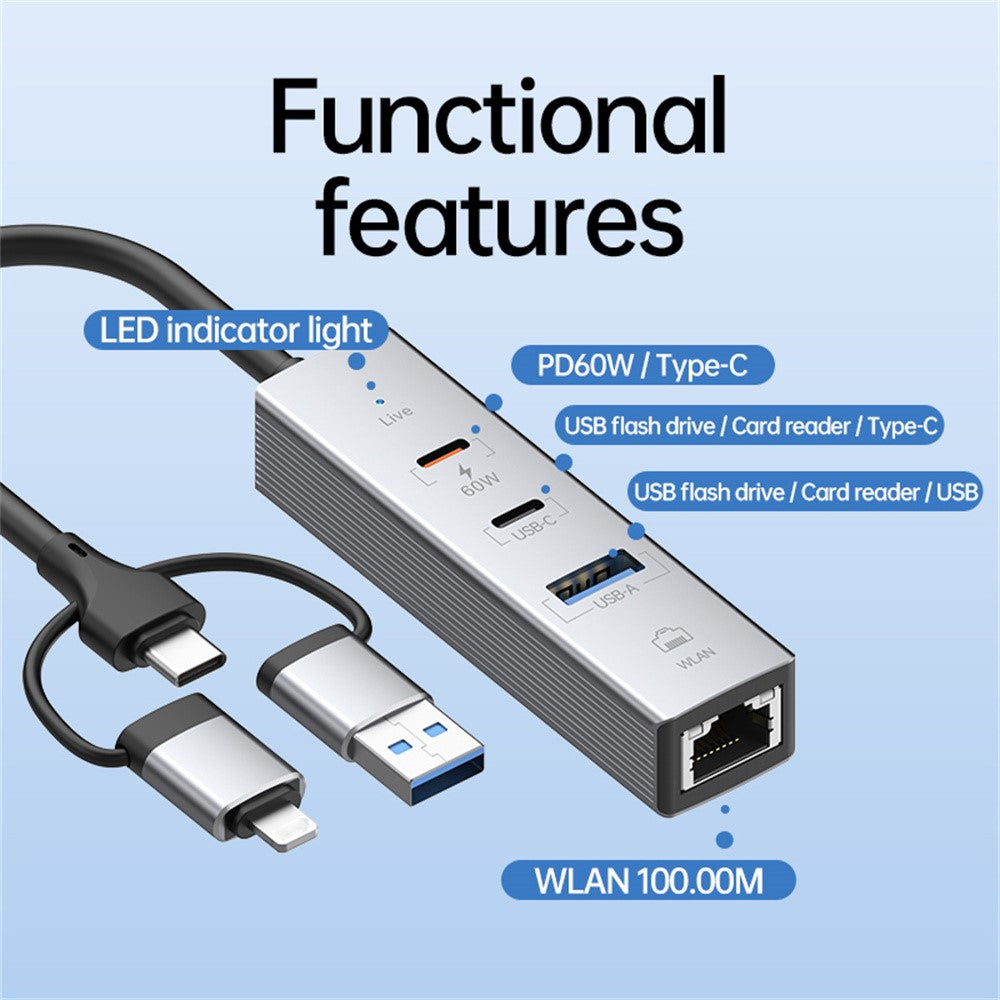 PD 60W 4 in 1 Hub Adapter iP / USB / Type-C Converter with Gigabit Ethernet / Digital Audio / Data Transfer for Laptops / PCs / Tablets / Phones