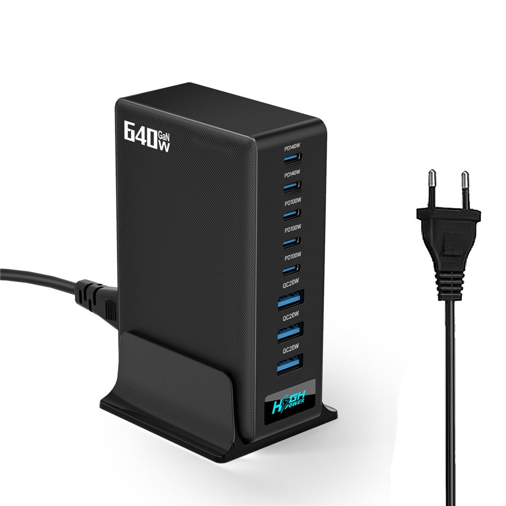 NCC-333 640W GaN Desktop Oplader med Hurtig Opladning USB-A + Type-C 8 Port Power Station med Digitalt Display