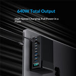 NCC-333 640W GaN Desktop Oplader med Hurtig Opladning USB-A + Type-C 8 Port Power Station med Digitalt Display