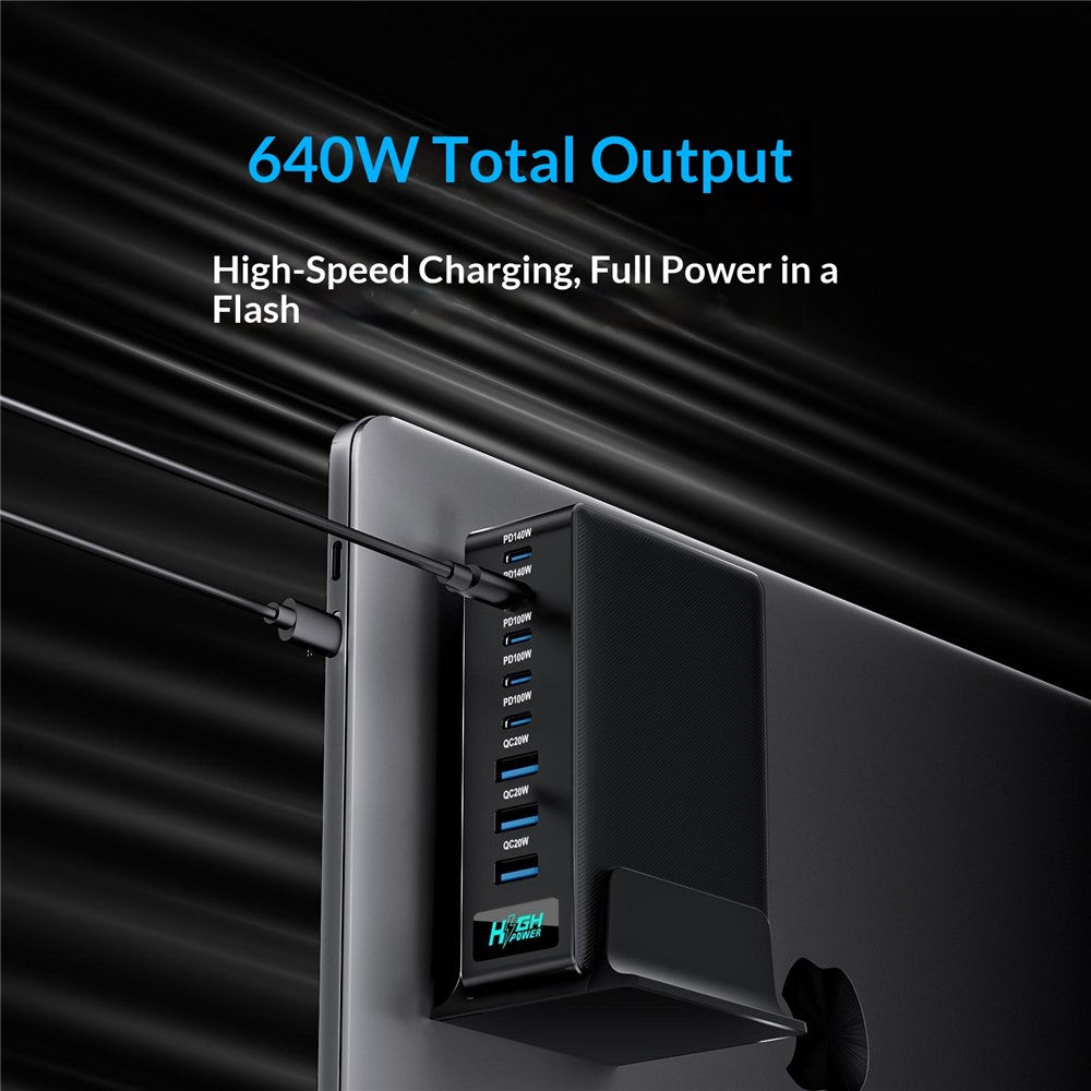 NCC-333 640W GaN Desktop Oplader med Hurtig Opladning USB-A + Type-C 8 Port Power Station med Digitalt Display