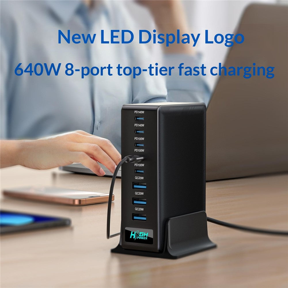NCC-333 640W GaN Desktop Oplader med Hurtig Opladning USB-A + Type-C 8 Port Power Station med Digitalt Display