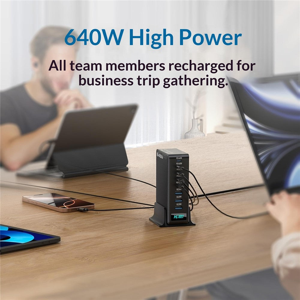 NCC-333 640W GaN Desktop Oplader med Hurtig Opladning USB-A + Type-C 8 Port Power Station med Digitalt Display