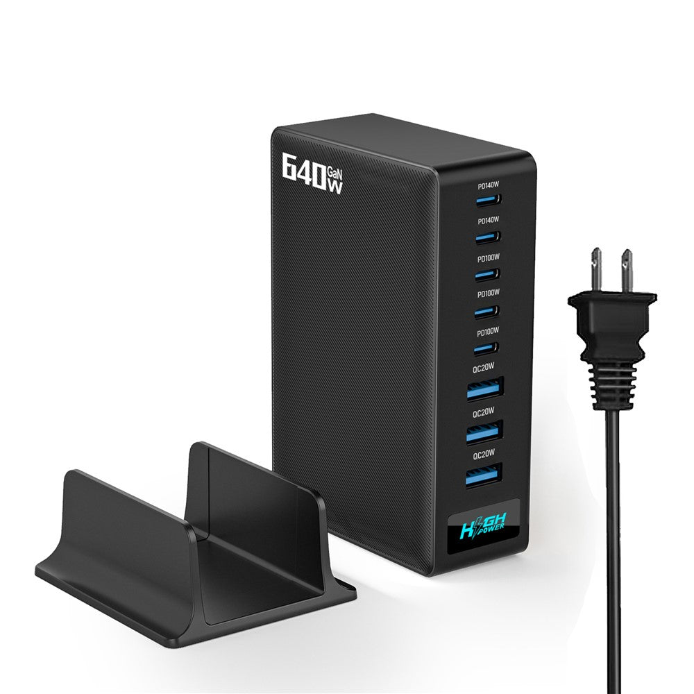 NCC-333 640W GaN Desktop Oplader med Hurtig Opladning USB-A + Type-C 8 Port Power Station med Digitalt Display