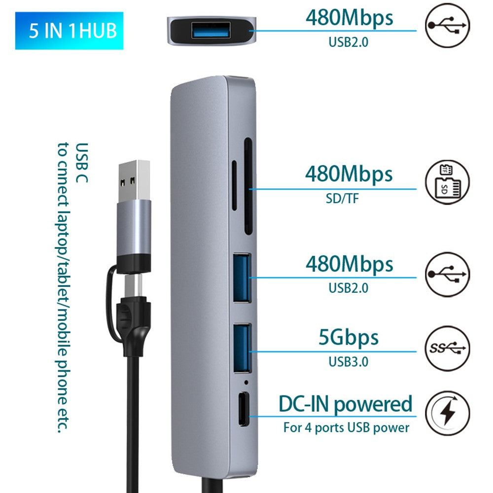 HC-13FL Type-C / USB-A to USB 3.0 / 2.0 SD TF Card Reader Multi-port Docking Station with DC-IN Power Port