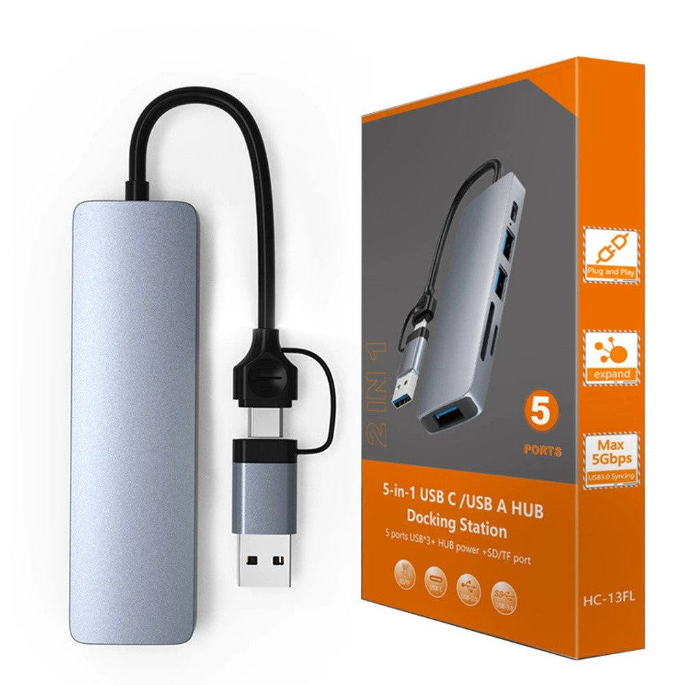 HC-13FL Type-C / USB-A to USB 3.0 / 2.0 SD TF Card Reader Multi-port Docking Station with DC-IN Power Port