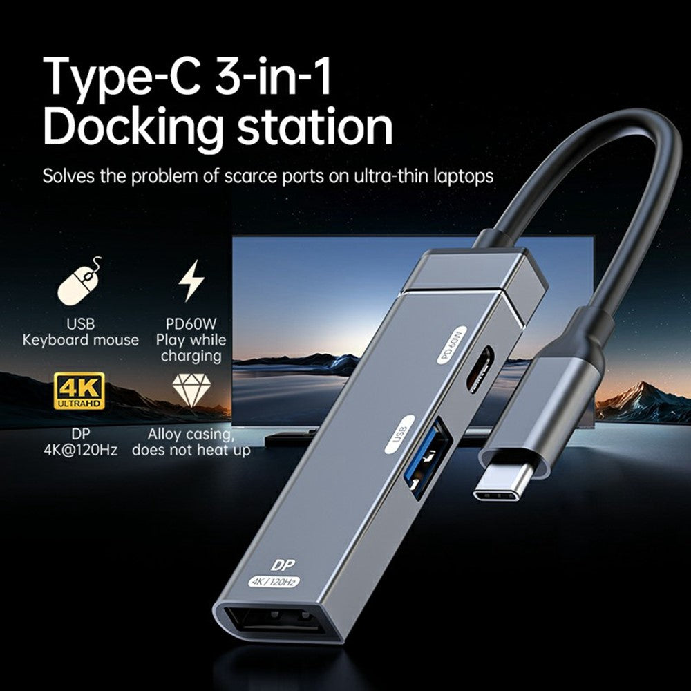 3-in-1 USB-C Hub 4K 120Hz DisplayPort + USB-A 3.0 + USB-C PD 60W Charging Adapter for Phone Tablet