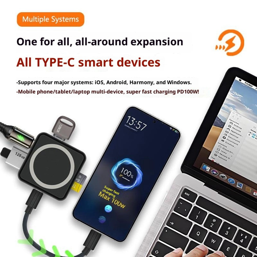 TYS-1030 Magnetic 6-in-1 USB Hub Card Reader 100W PD Fast Charging Wireless Charger Docking Station for Phone Tablet