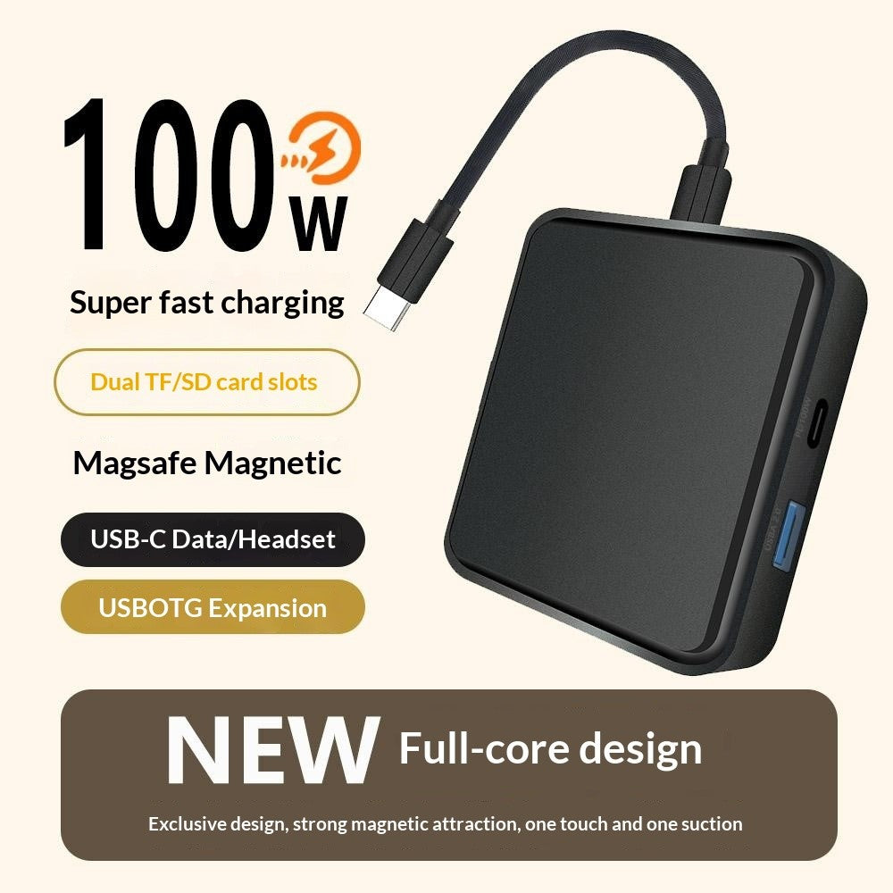 TYS-1030 Magnetic 6-in-1 USB Hub Card Reader 100W PD Fast Charging Wireless Charger Docking Station for Phone Tablet
