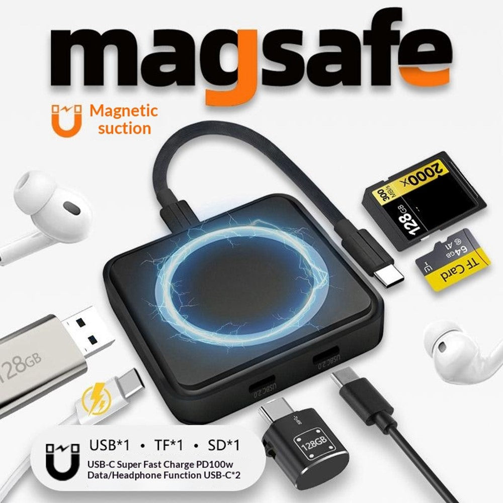 TYS-1030 Magnetic 6-in-1 USB Hub Card Reader 100W PD Fast Charging Wireless Charger Docking Station for Phone Tablet