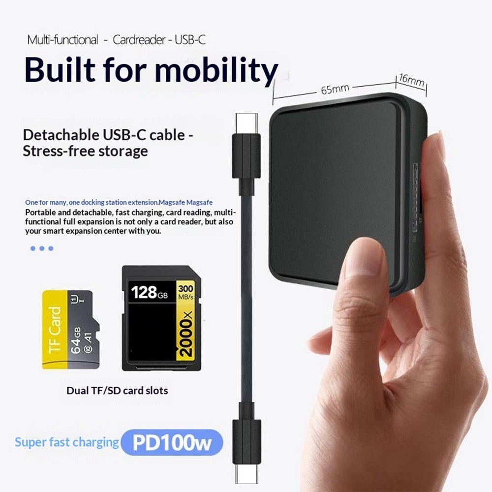 TYS-1030 Magnetic 6-in-1 USB Hub Card Reader 100W PD Fast Charging Wireless Charger Docking Station for Phone Tablet