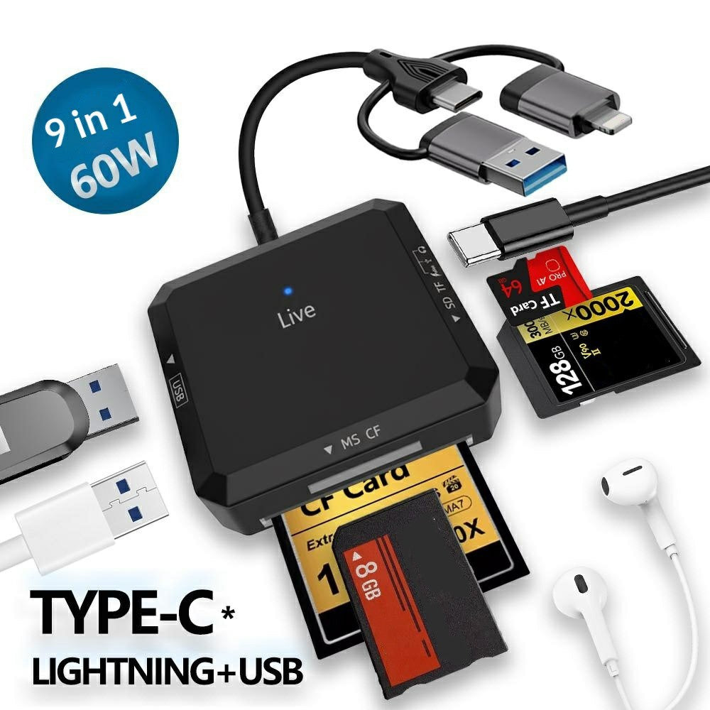 TYS-1029 iP (5-14)+USB+Type-C Interface Hub 9-i-1 USB-C Adapter Kortlæser til TF / SD / CF / MS 60W PD Hurtigopladnings-dockingstation