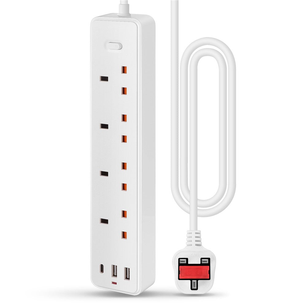 UN-104 UK Plug 4 Outlets 2 USB Ports 1 Type-C Port Power Strip 1700J Surge Protection 2500W Child Safety Power Socket for Home Office