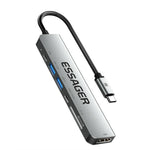 ESSAGER Type-C Hub Converter to PD 60W Fast Charging+Type-C Data Port+USB 3.2+USB 2.0+HD Video Output+2 Card Reader Slots