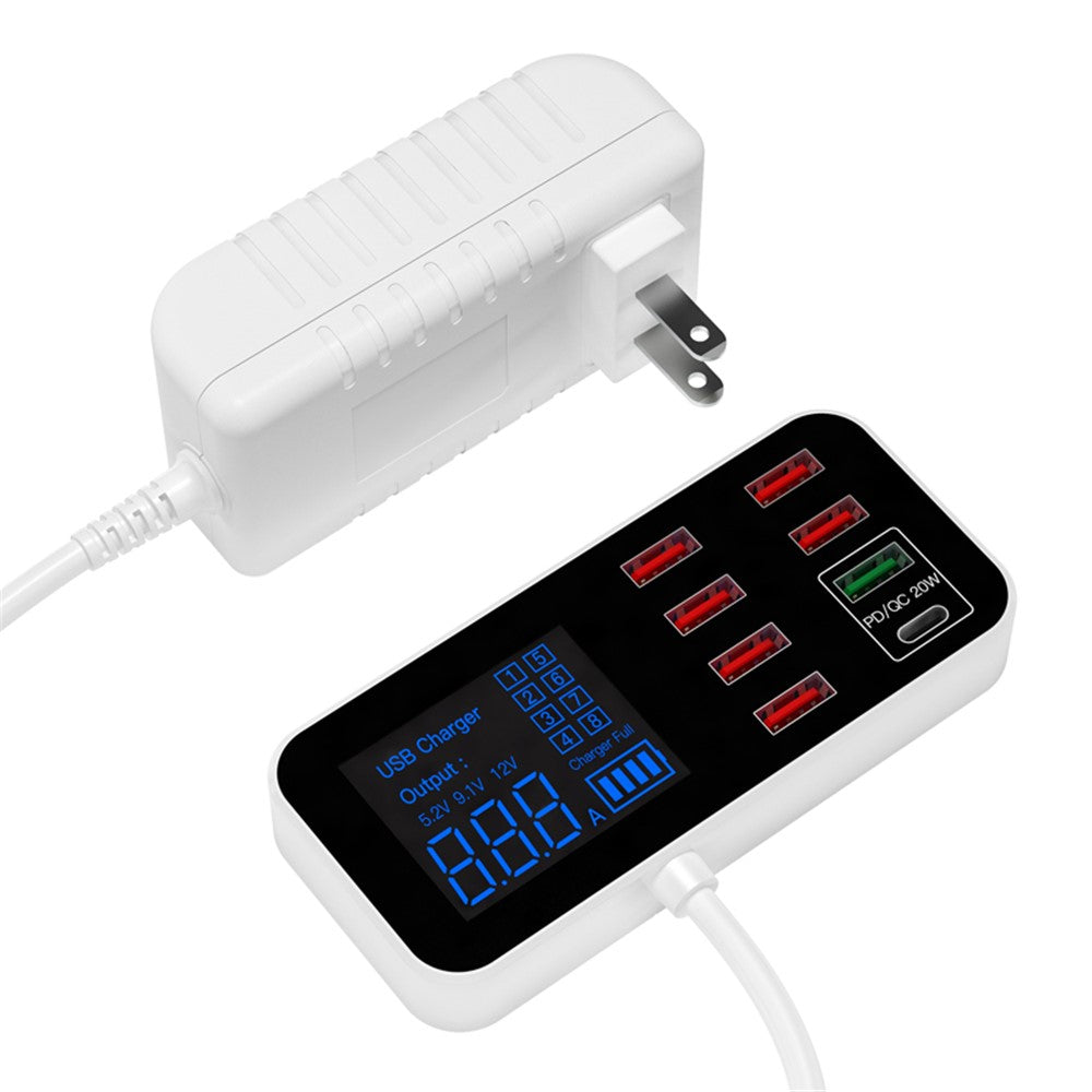 A9D+ Digital Display 7 USB + 1 Type-C Desktop Charger PC+ABS QC3.0 + PD Phone Fast Charging Station (CE Certified)