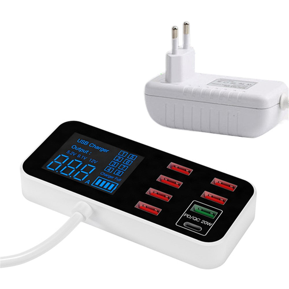 A9D+ Digital Display 7 USB + 1 Type-C Desktop Charger PC+ABS QC3.0 + PD Phone Fast Charging Station (CE Certified)