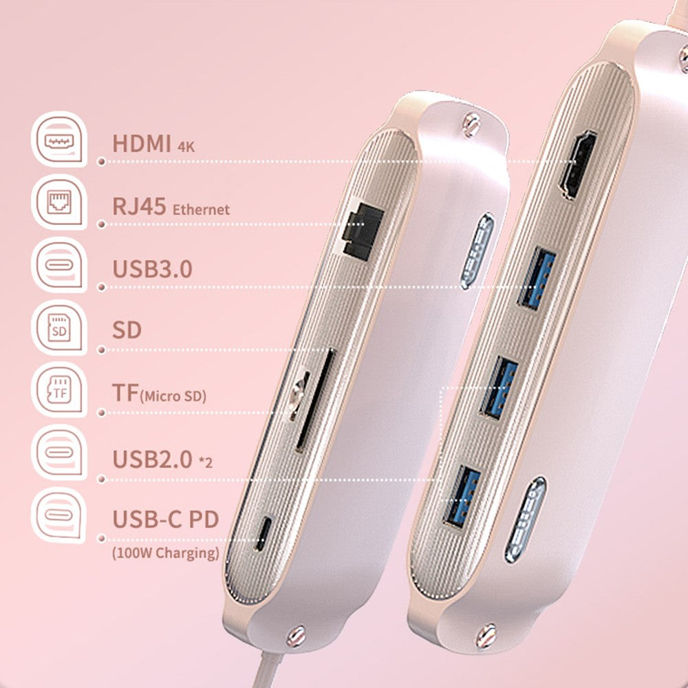 BS8H Type-C Hub Converter to PD+USB 3.0+2xUSB 2.0+HD Video Output Port+2 Card Reader Slots+RJ45