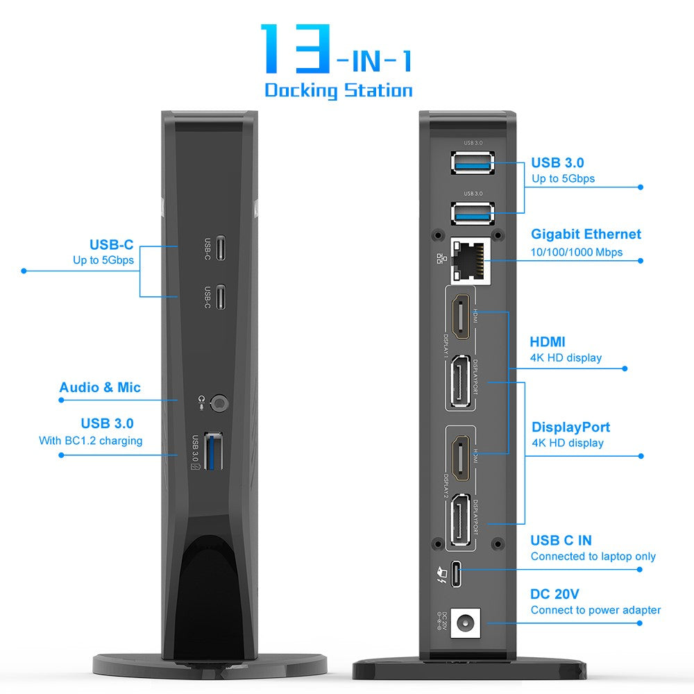 WAVLINK UG69PD5 USB 3.0 och USB-C Dubbel 4K-skärmdockningsstation med DisplayPort och HD 60Hz-skärmadapter