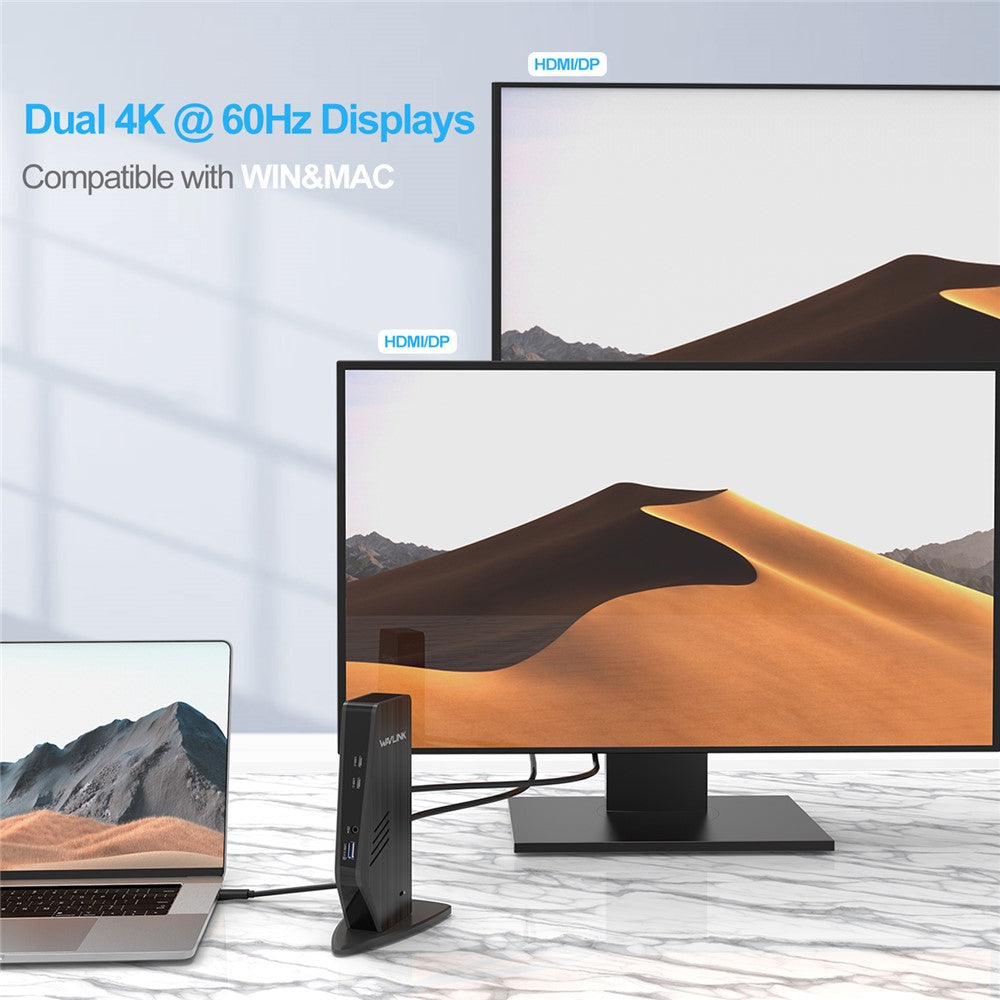 WAVLINK UG69PD5 USB 3.0 och USB-C Dubbel 4K-skärmdockningsstation med DisplayPort och HD 60Hz-skärmadapter