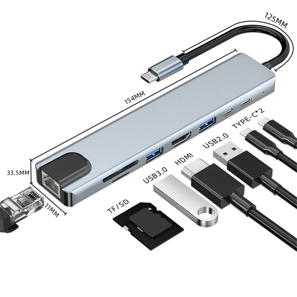 2017L Type-C til Type-Cx2+USB2.0+HD+USB3.0+TF / SD+netværkskort 100 Mbps USB-hub laptop-telefondockingsstation