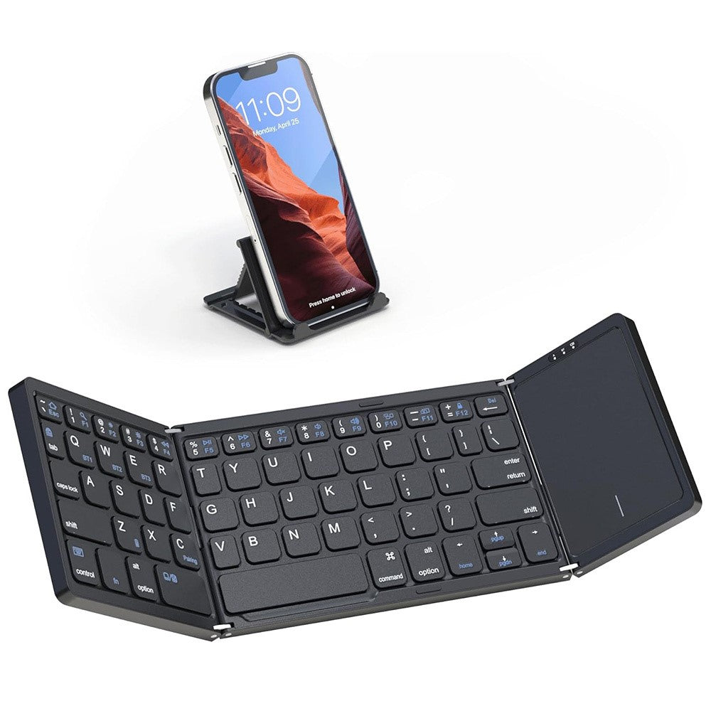 B089T Pocket Size Tri-fold Touchpad Bluetooth-compatible Keyboard for Android  /  Windows  /  iOS, with Phone Bracket