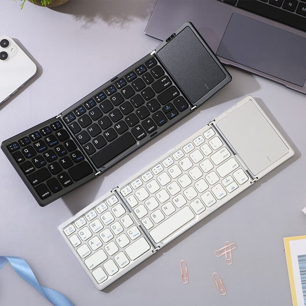 B089T Pocket Size Tri-fold Touchpad Bluetooth-compatible Keyboard for Android  /  Windows  /  iOS, with Phone Bracket
