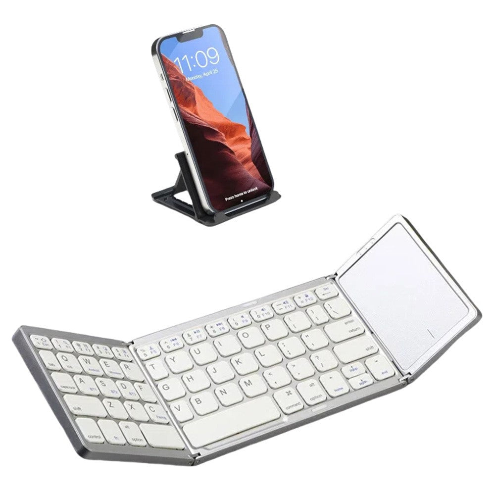 B089T Pocket Size Tri-fold Touchpad Bluetooth-compatible Keyboard for Android  /  Windows  /  iOS, with Phone Bracket